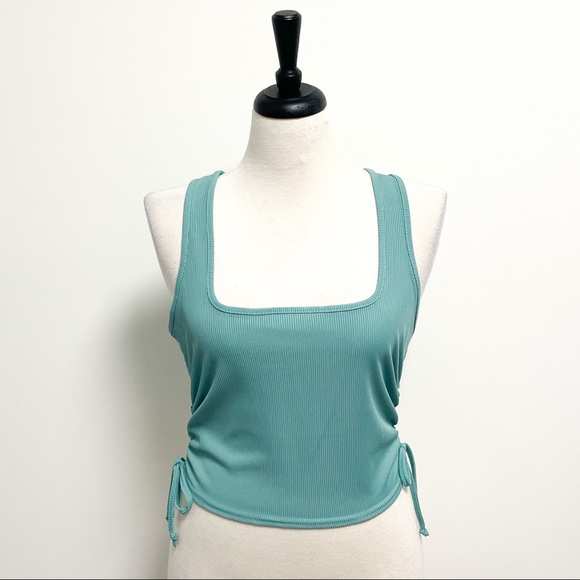 Boohoo Tops - Boohoo Aqua Green Side Ruched Ribbed Sleeveless Square Neck Tank NWT 12 *Fitted*